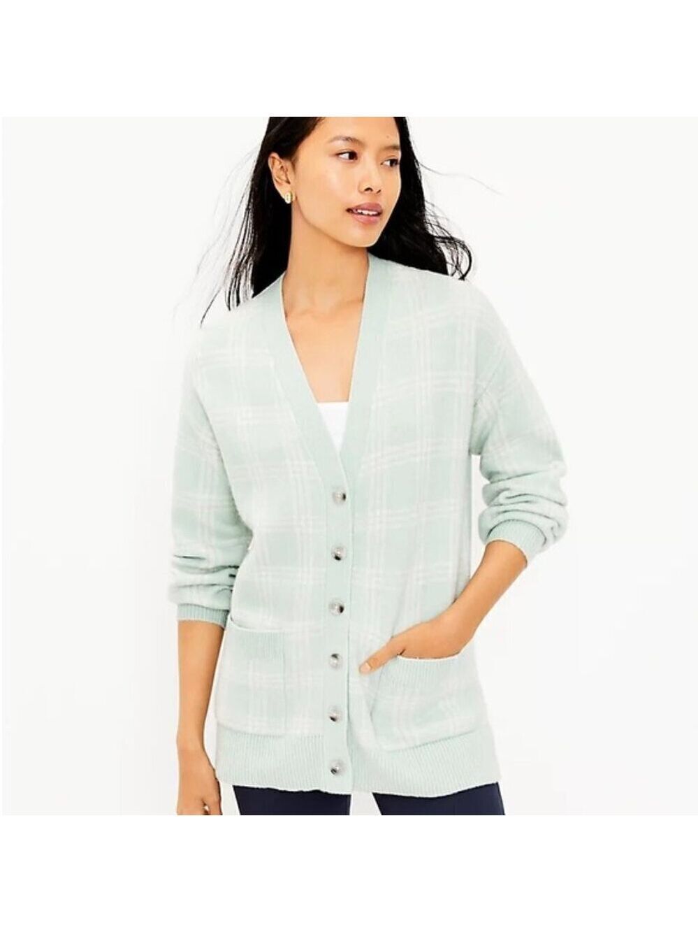 LOFT V-Neck Pocket Cardigan Plaid Mint Green Size Large